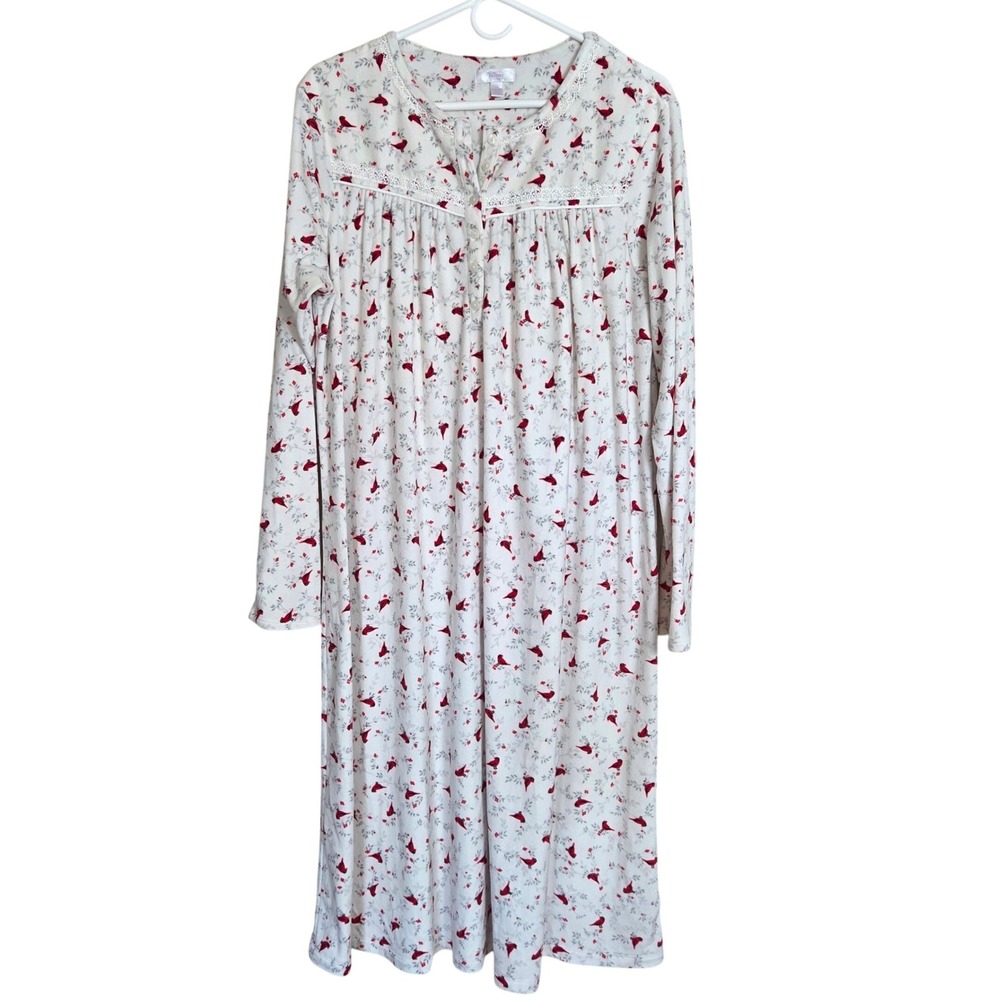 Secret Treasures Nightgown Womens Large White Red Cardinal Bird Lace Trim Cozy